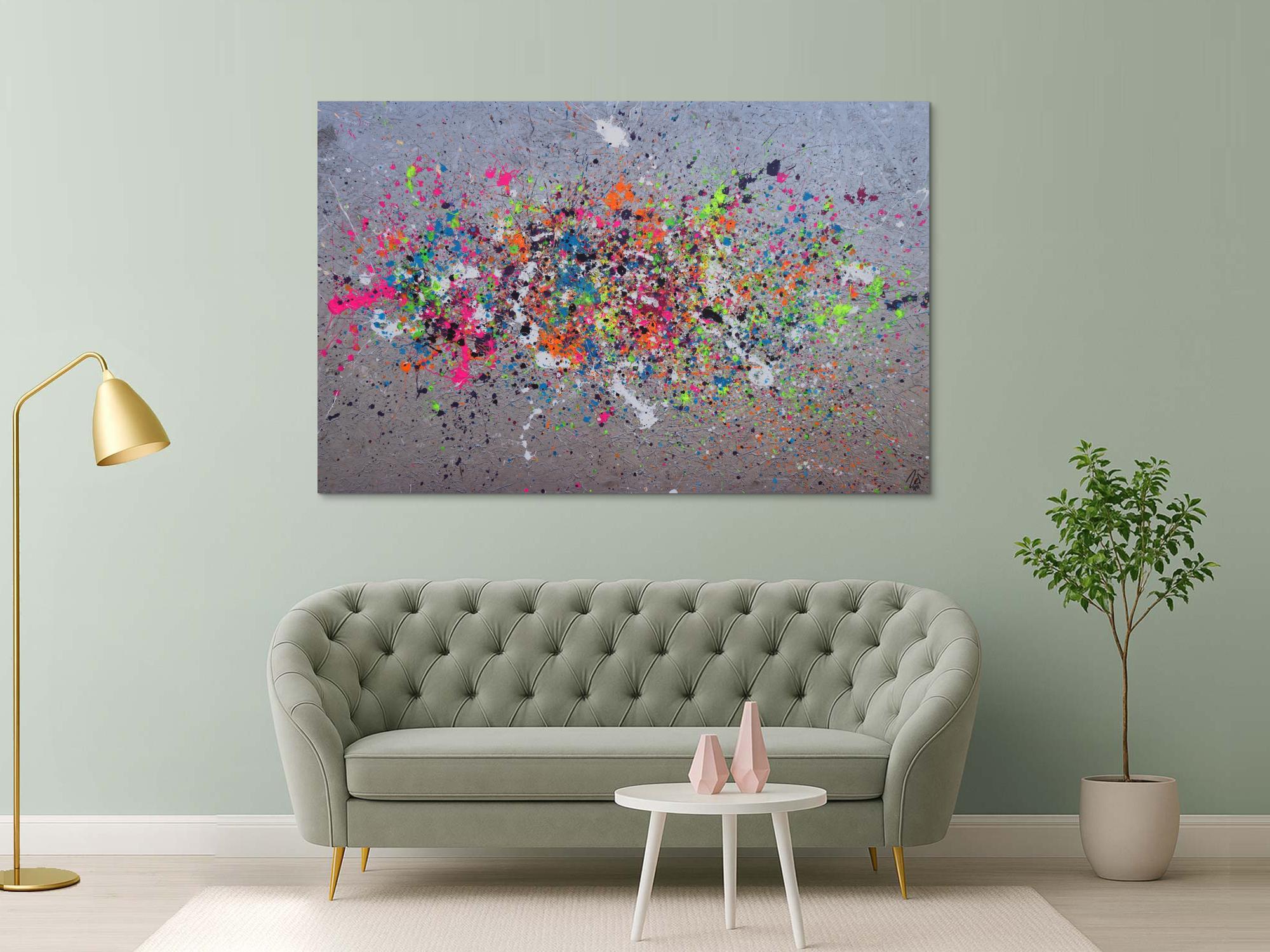 Abstraktes Acrylbild Action Painting neon-Farben auf silber Grund Splash Art zeitgenössisch