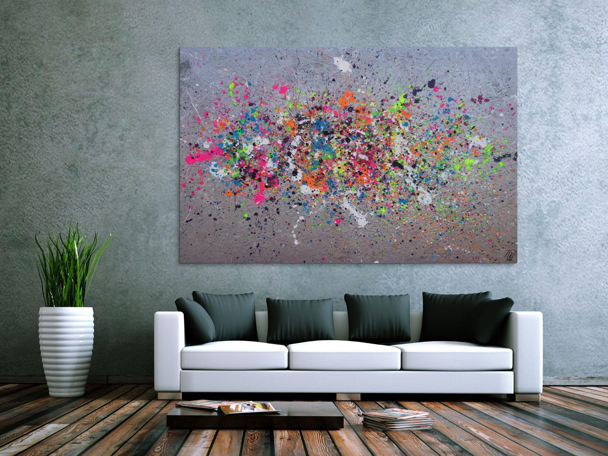 Abstraktes Acrylbild Action Painting neon-Farben auf silber Grund Splash Art zeitgenössisch