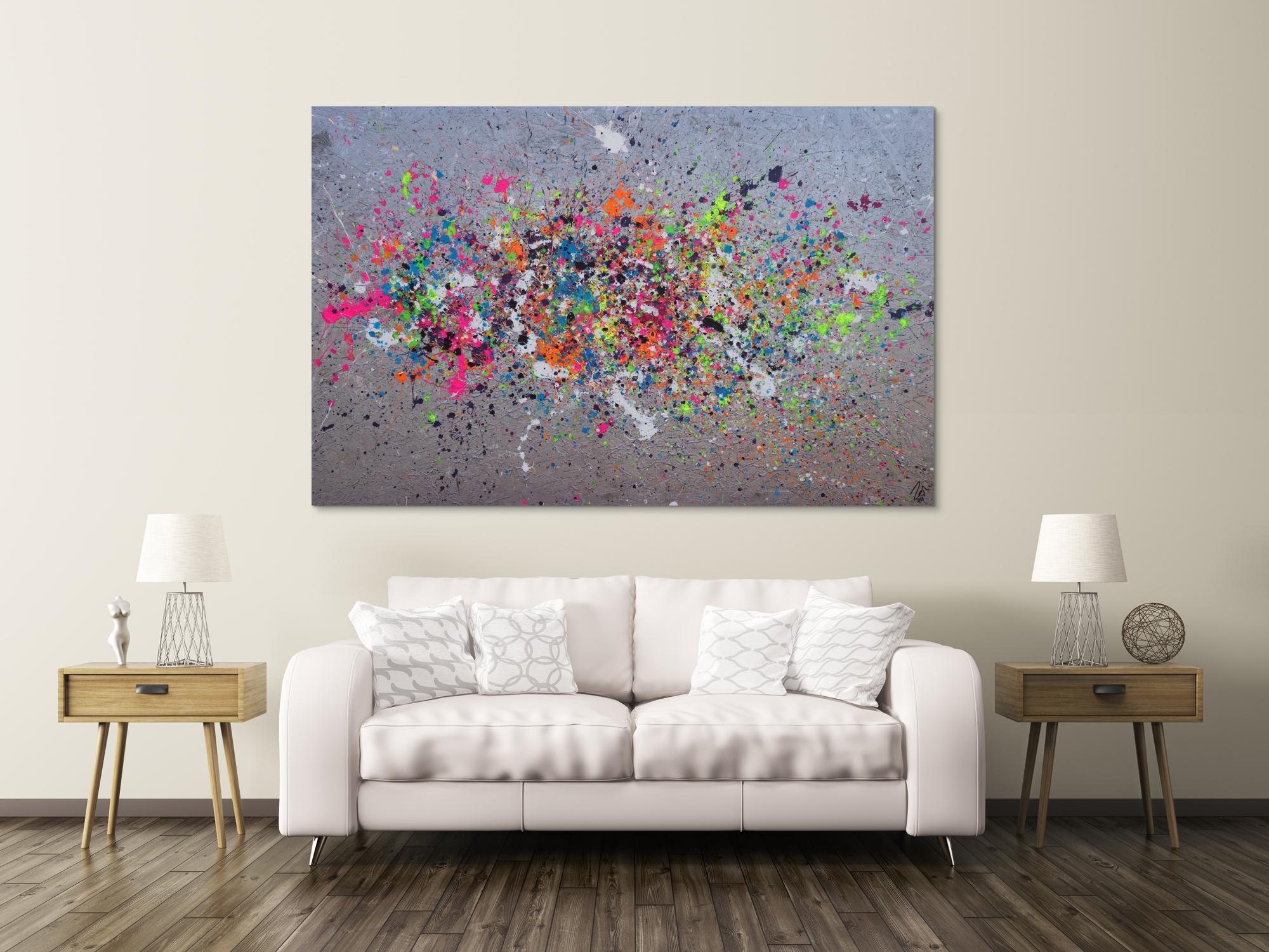 Abstraktes Acrylbild Action Painting neon-Farben auf silber Grund Splash Art zeitgenössisch