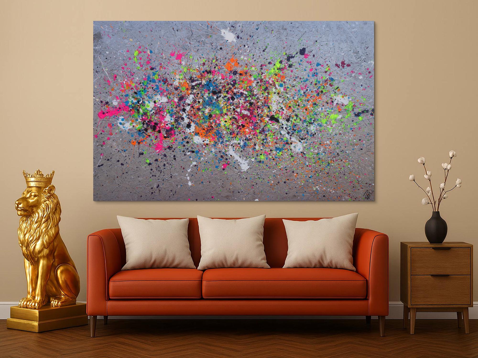 Abstraktes Acrylbild Action Painting neon-Farben auf silber Grund Splash Art zeitgenössisch