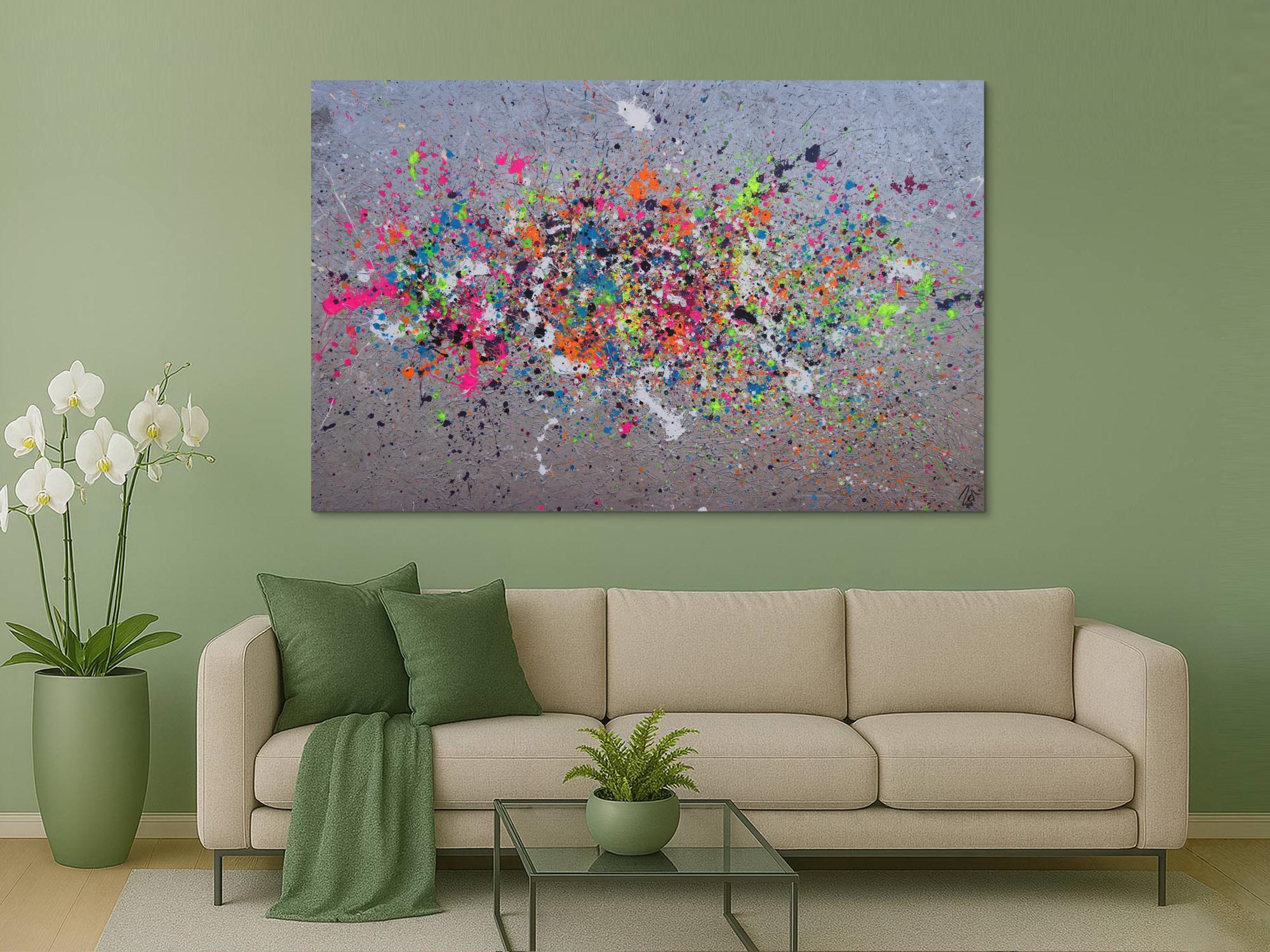 Abstraktes Acrylbild Action Painting neon-Farben auf silber Grund Splash Art zeitgenössisch