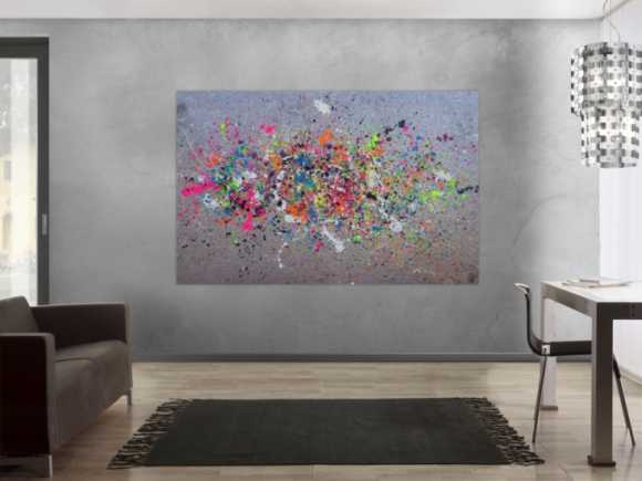 Abstraktes Acrylbild Action Painting neon-Farben auf silber Grund Splash Art zeitgenössisch
