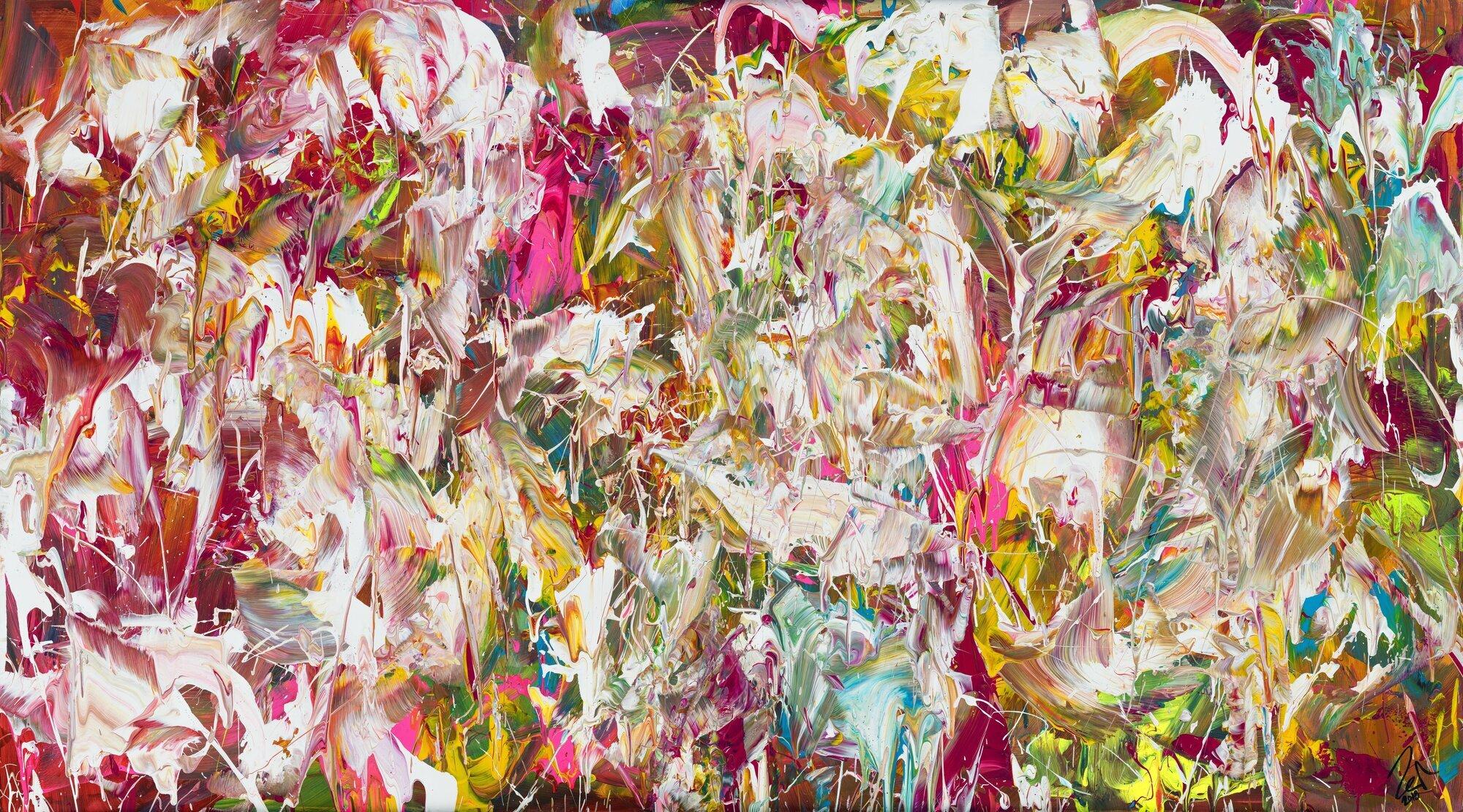 Abstraktes Original Gemälde 90x160cm Action Painting Modern Art auf Leinwand Mischtechnik pink weiß rosa Einzelstück