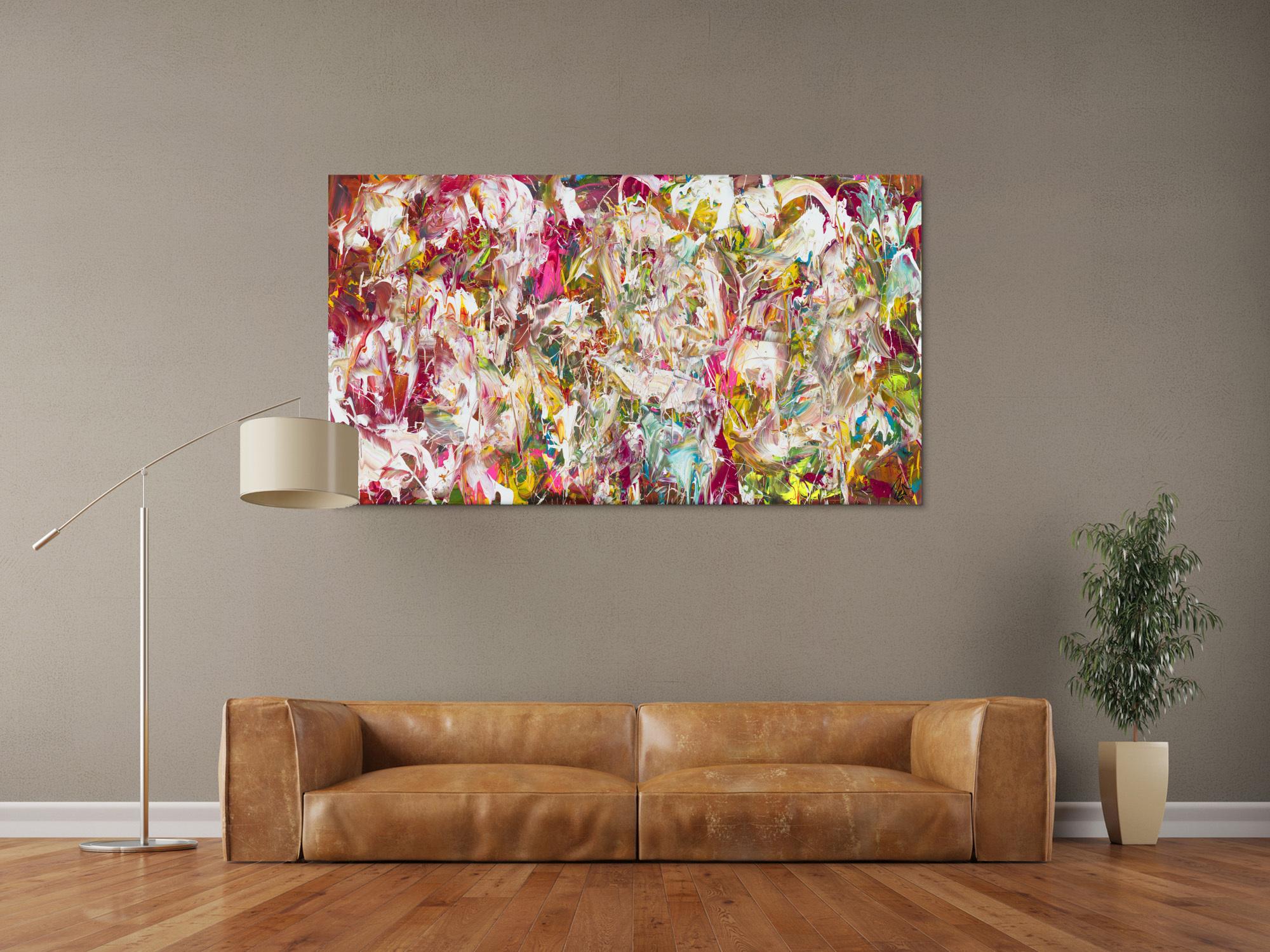 Abstraktes Original Gemälde 90x160cm Action Painting Modern Art auf Leinwand Mischtechnik pink weiß rosa Einzelstück