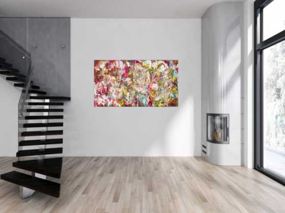Abstraktes Original Gemälde 90x160cm Action Painting Modern Art auf Leinwand Mischtechnik pink weiß rosa Einzelstück