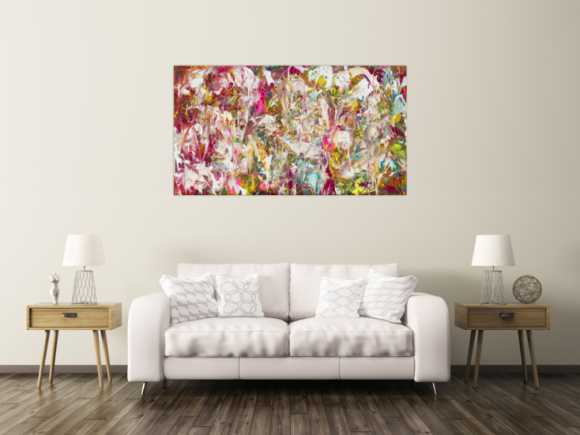 Abstraktes Original Gemälde 90x160cm Action Painting Modern Art auf Leinwand Mischtechnik pink weiß rosa Einzelstück