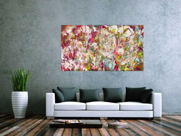 Abstraktes Original Gemälde 90x160cm Action Painting Modern Art auf Leinwand Mischtechnik pink weiß rosa Einzelstück
