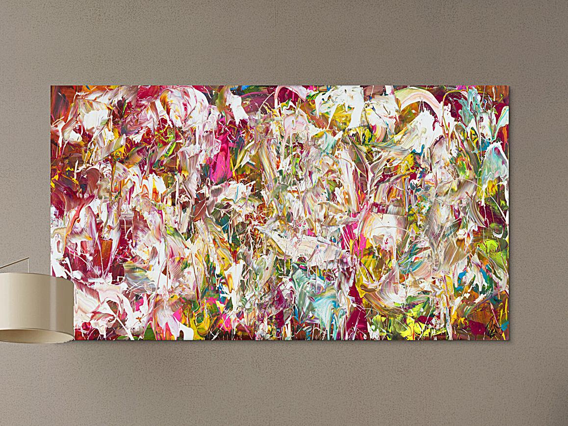 Abstraktes Original Gemälde 90x160cm Action Painting Modern Art auf Leinwand Mischtechnik pink weiß rosa Einzelstück