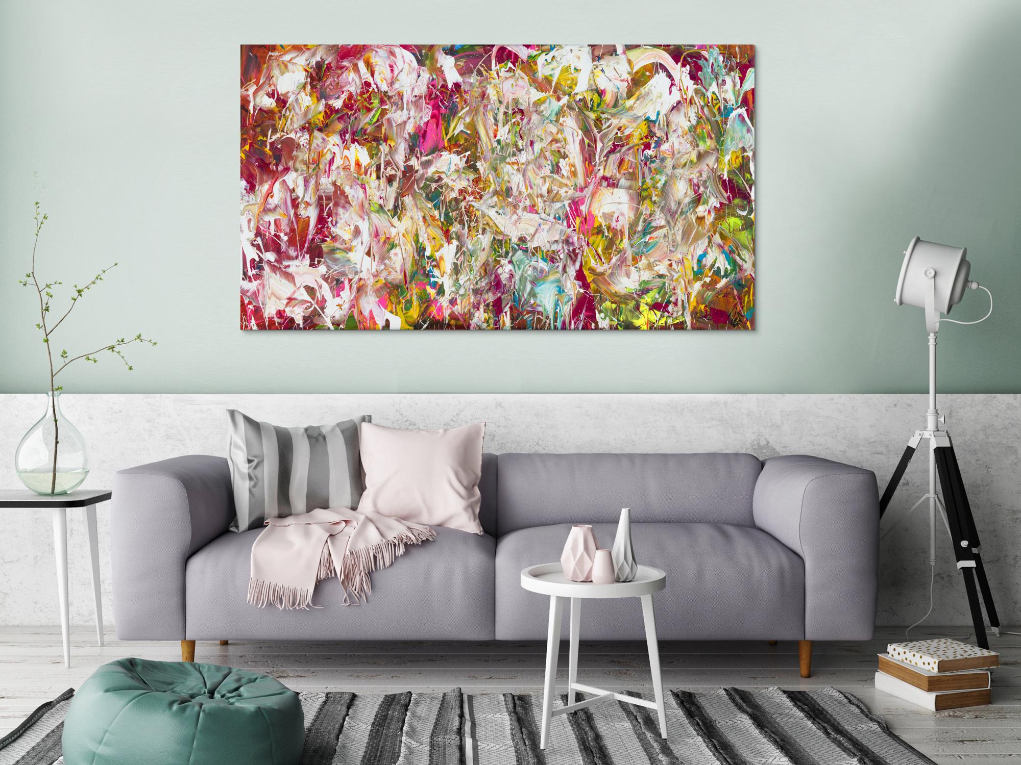 Abstraktes Original Gemälde 90x160cm Action Painting Modern Art auf Leinwand Mischtechnik pink weiß rosa Einzelstück