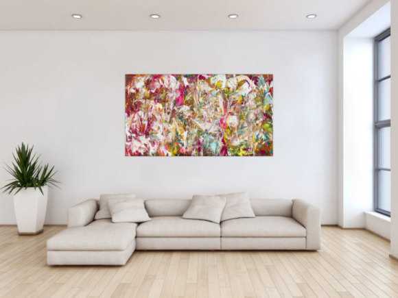 Abstraktes Original Gemälde 90x160cm Action Painting Modern Art auf Leinwand Mischtechnik pink weiß rosa Einzelstück