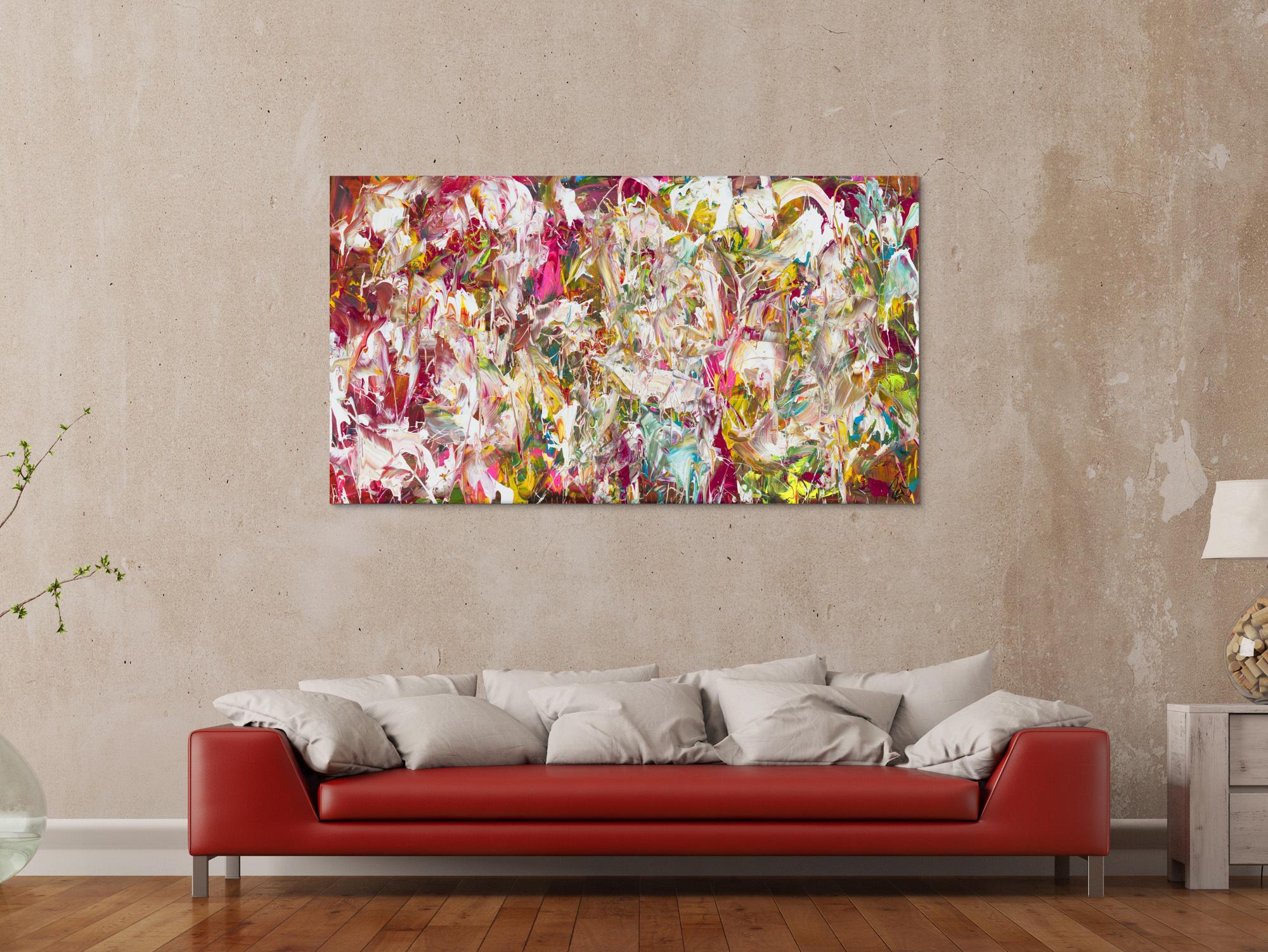 Abstraktes Original Gemälde 90x160cm Action Painting Modern Art auf Leinwand Mischtechnik pink weiß rosa Einzelstück