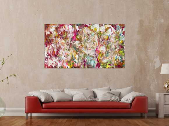 Abstraktes Original Gemälde 90x160cm Action Painting Modern Art auf Leinwand Mischtechnik pink weiß rosa Einzelstück