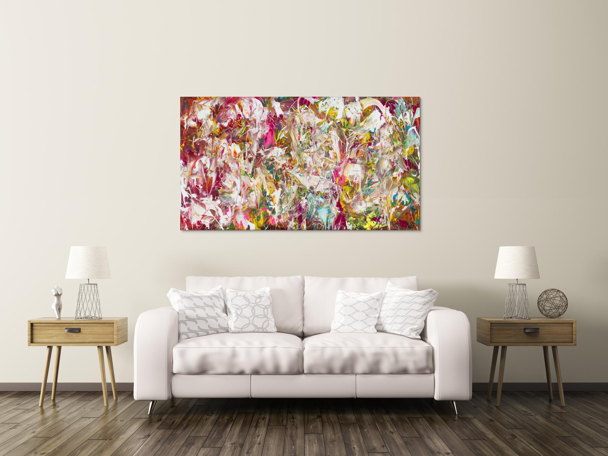 Abstraktes Original Gemälde 90x160cm Action Painting Modern Art auf Leinwand Mischtechnik pink weiß rosa Einzelstück