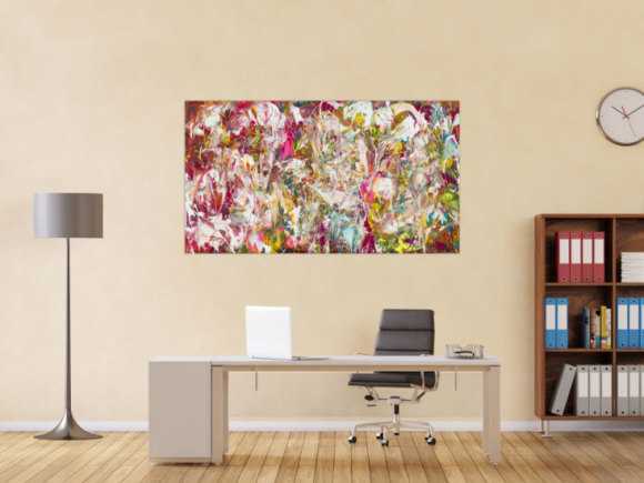 Abstraktes Original Gemälde 90x160cm Action Painting Modern Art auf Leinwand Mischtechnik pink weiß rosa Einzelstück