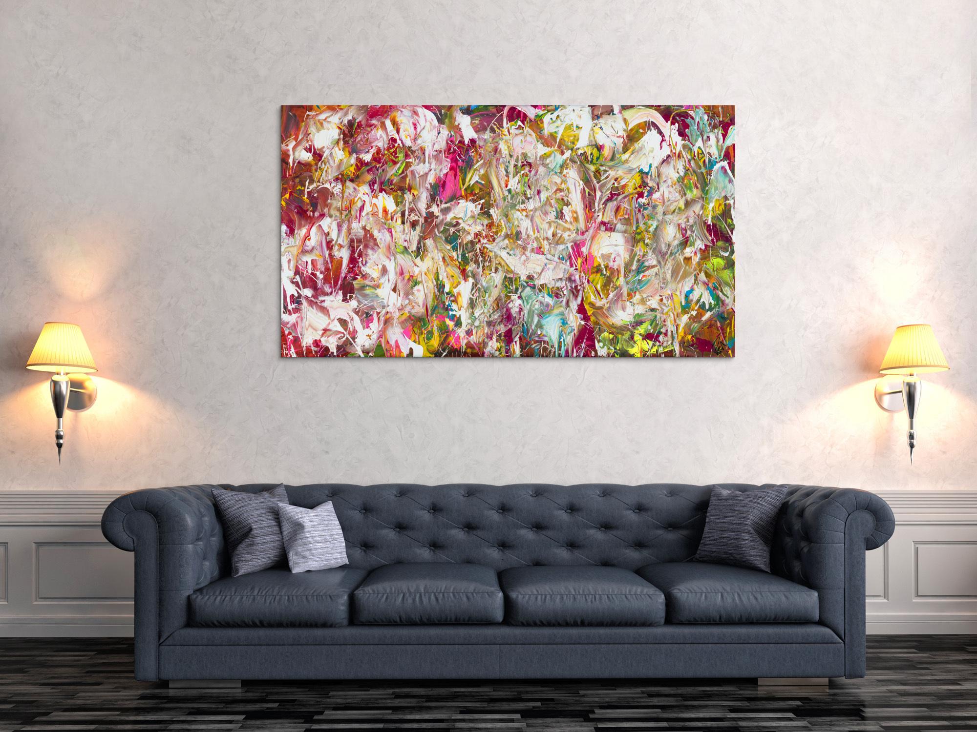 Abstraktes Original Gemälde 90x160cm Action Painting Modern Art auf Leinwand Mischtechnik pink weiß rosa Einzelstück