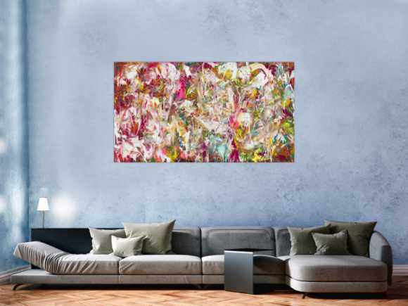 Abstraktes Original Gemälde 90x160cm Action Painting Modern Art auf Leinwand Mischtechnik pink weiß rosa Einzelstück