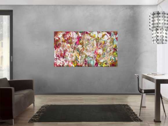 Abstraktes Original Gemälde 90x160cm Action Painting Modern Art auf Leinwand Mischtechnik pink weiß rosa Einzelstück