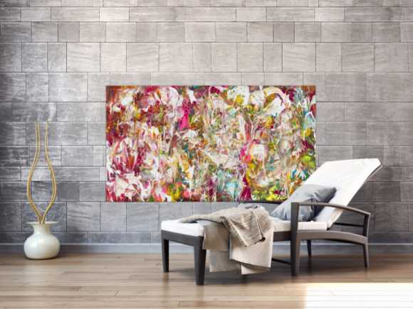 Abstraktes Original Gemälde 90x160cm Action Painting Modern Art auf Leinwand Mischtechnik pink weiß rosa Einzelstück