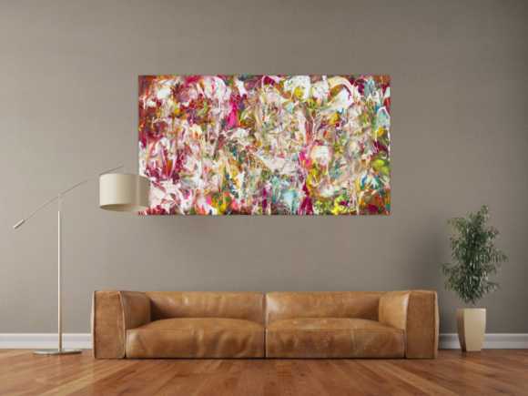 Abstraktes Original Gemälde 90x160cm Action Painting Modern Art auf Leinwand Mischtechnik pink weiß rosa Einzelstück