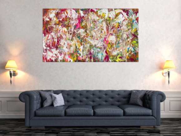 Abstraktes Original Gemälde 90x160cm Action Painting Modern Art auf Leinwand Mischtechnik pink weiß rosa Einzelstück