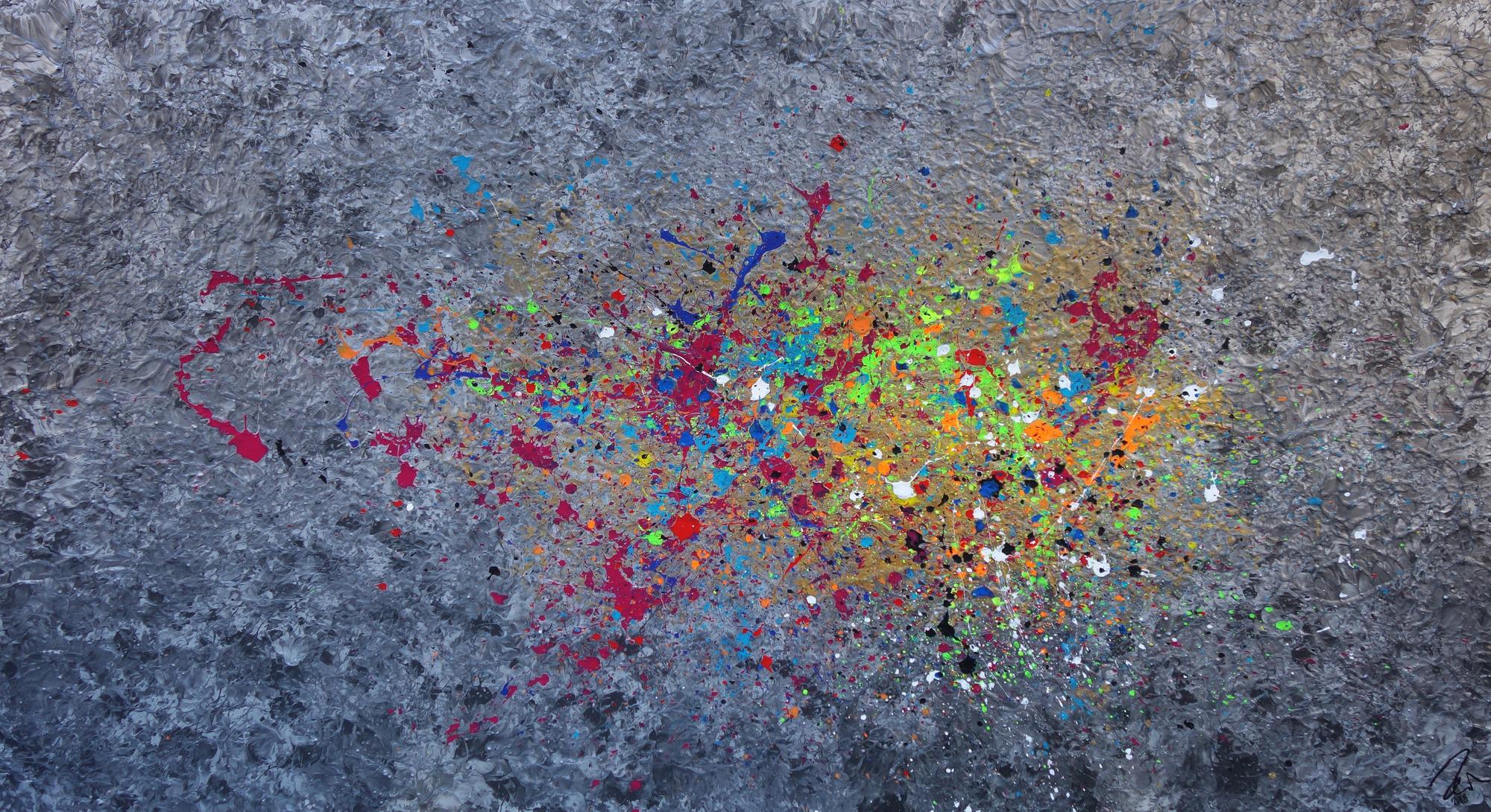 Abstraktes Acrylbild modernes Gemälde silber gold bunt Action Painting Modern Art