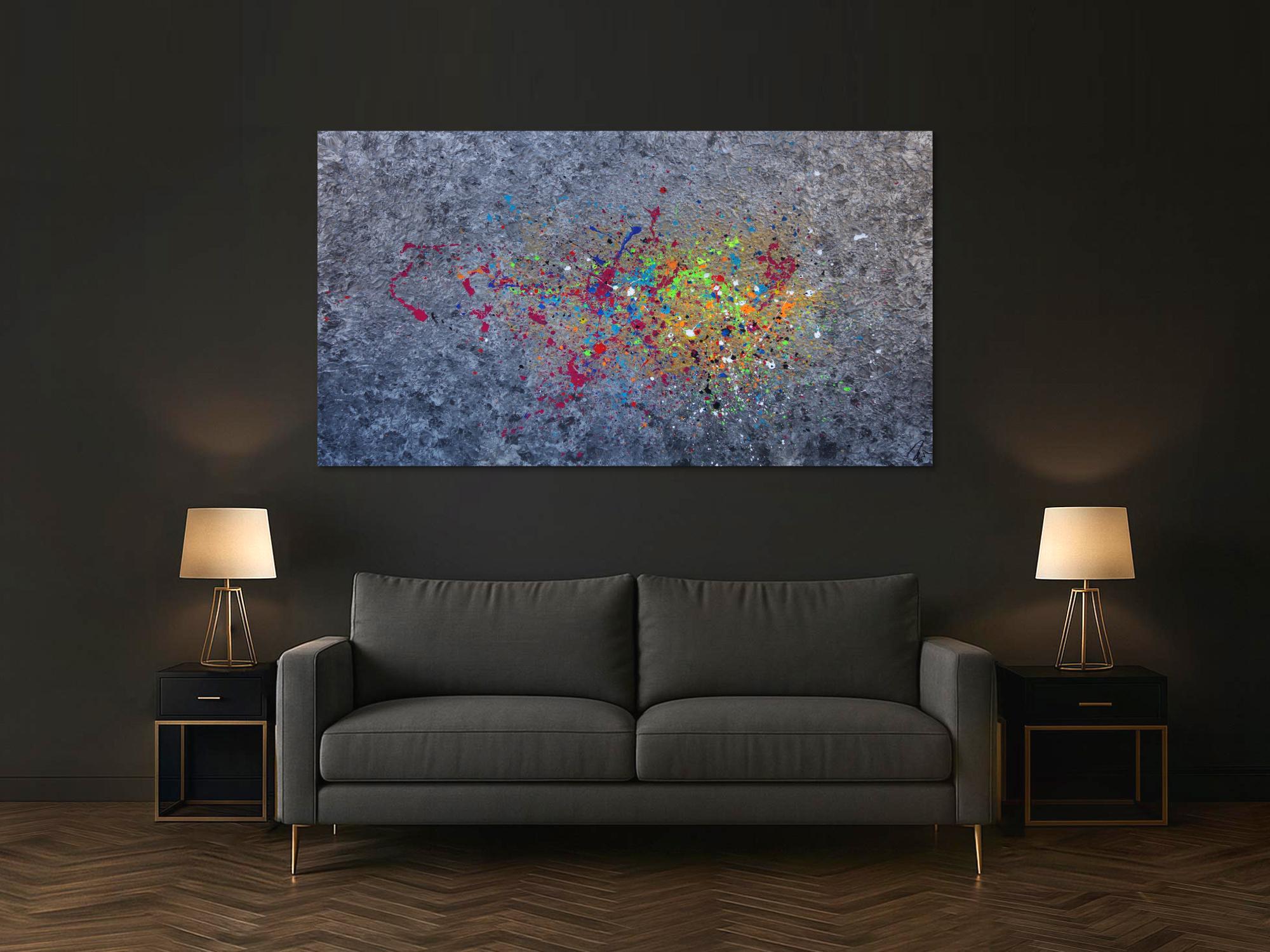 Abstraktes Acrylbild modernes Gemälde silber gold bunt Action Painting Modern Art