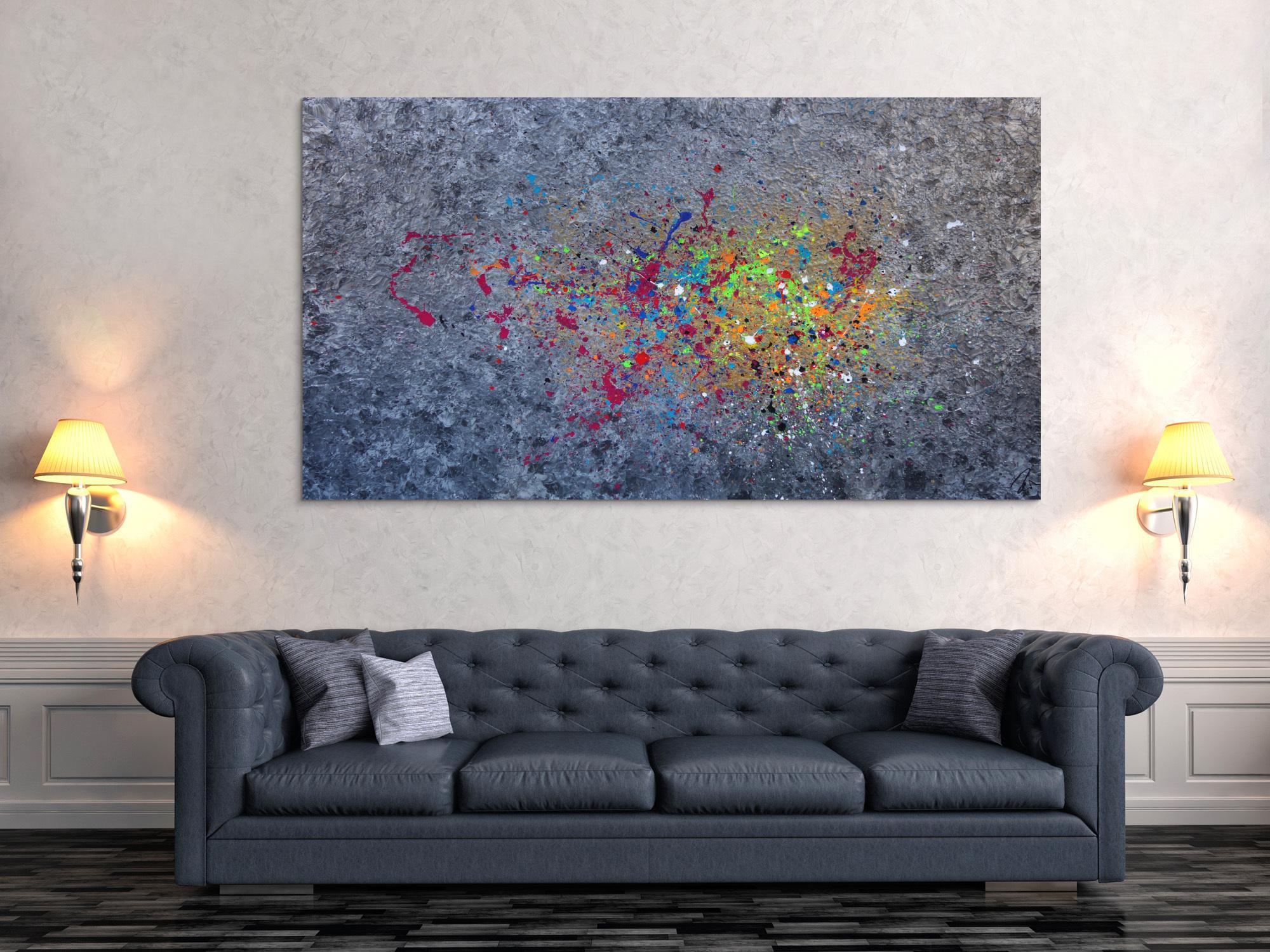 Abstraktes Acrylbild modernes Gemälde silber gold bunt Action Painting Modern Art