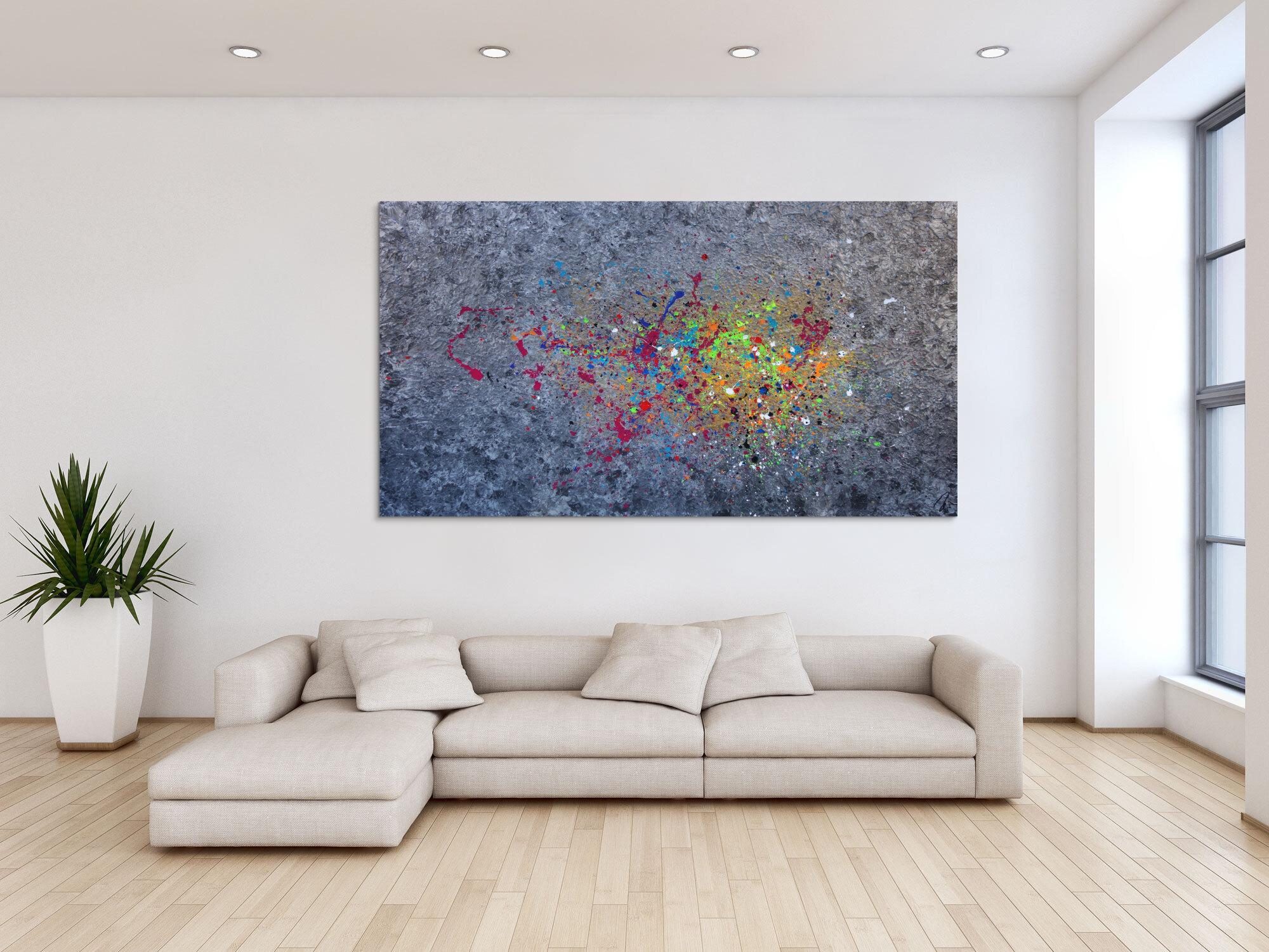 Abstraktes Acrylbild modernes Gemälde silber gold bunt Action Painting Modern Art