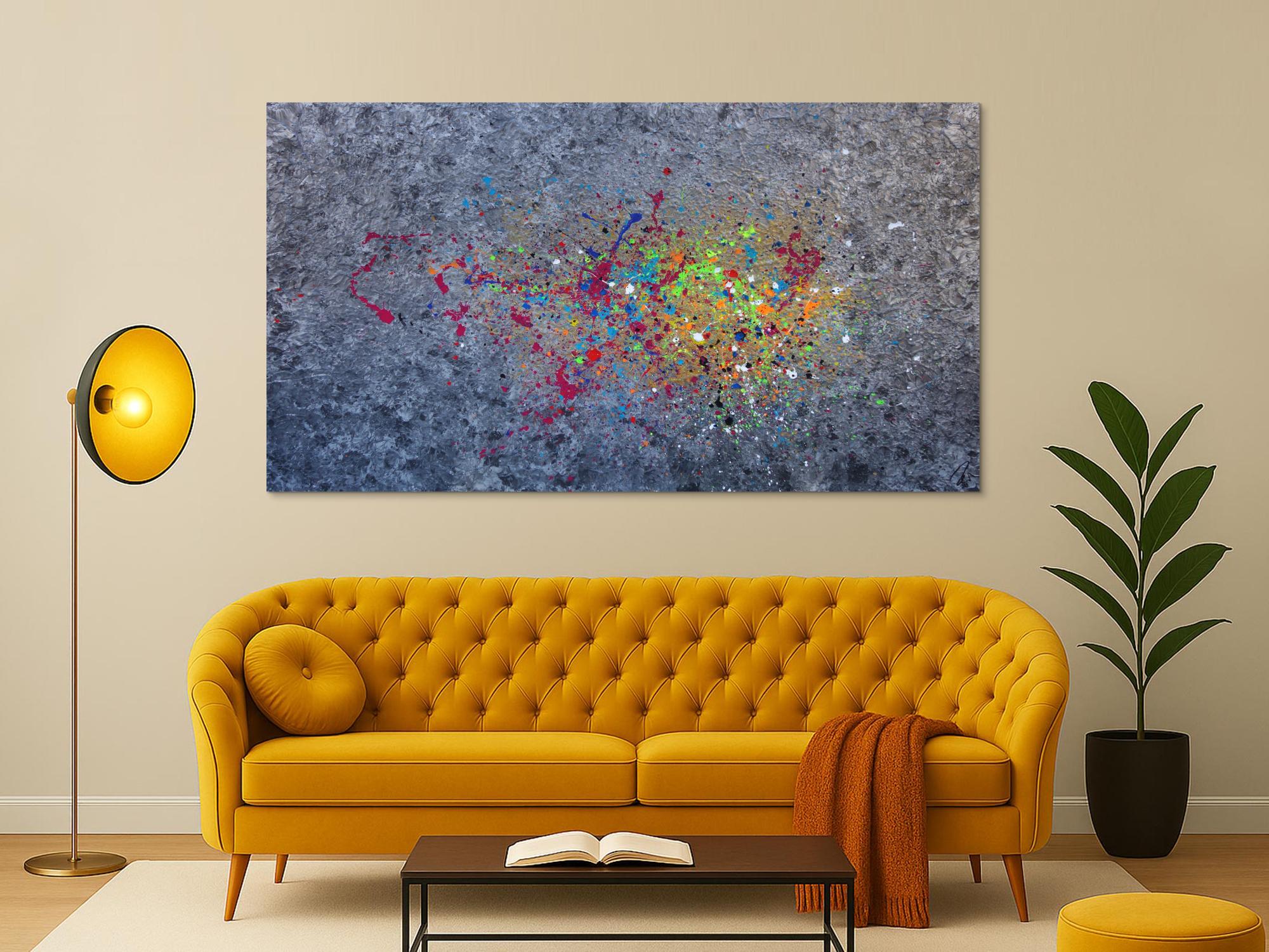 Abstraktes Acrylbild modernes Gemälde silber gold bunt Action Painting Modern Art