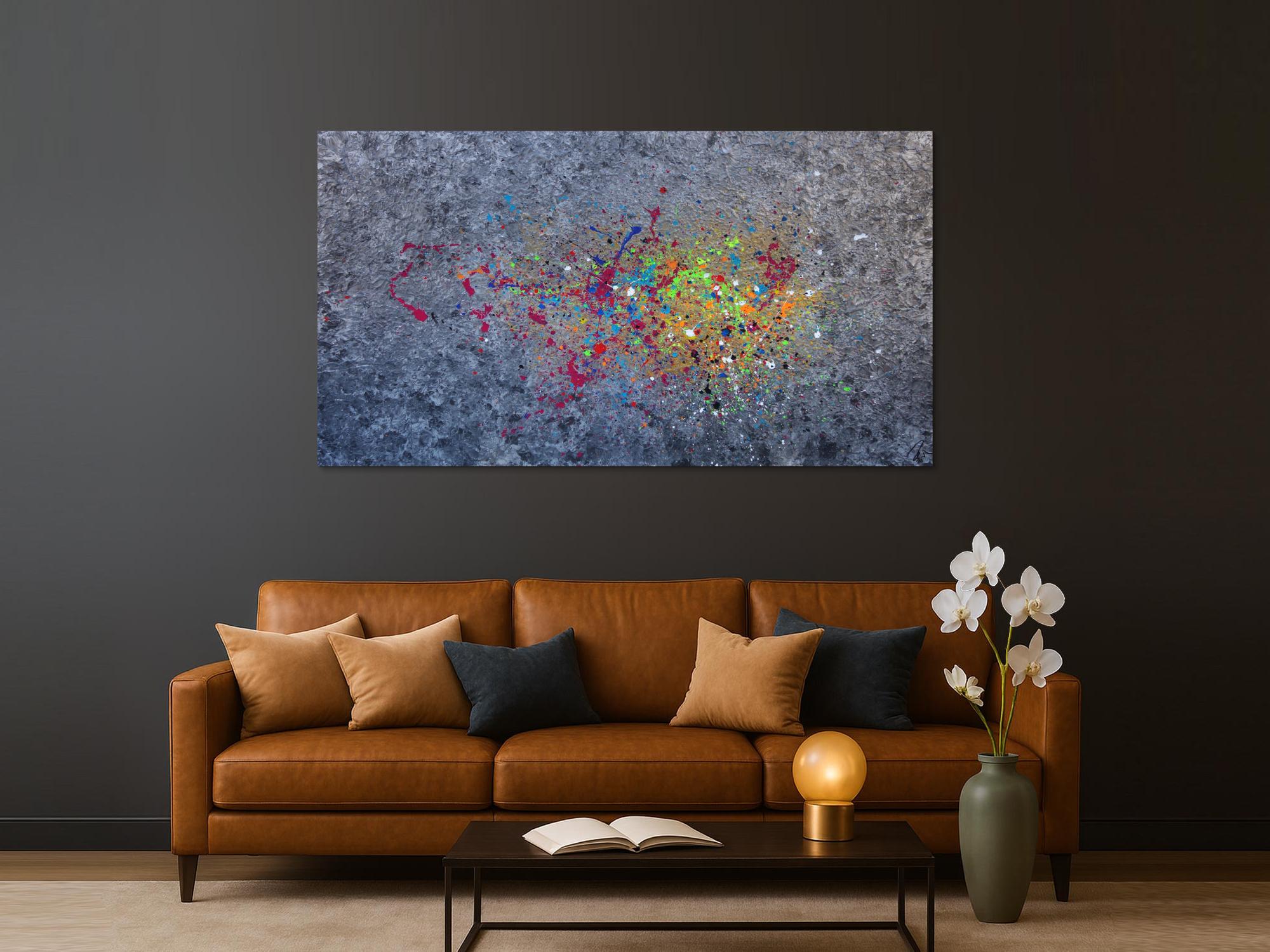 Abstraktes Acrylbild modernes Gemälde silber gold bunt Action Painting Modern Art