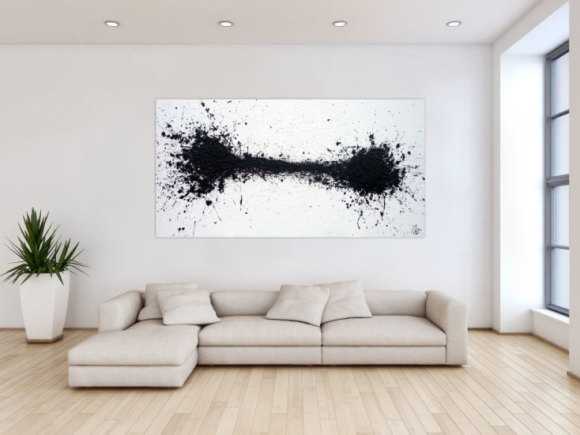 Abstraktes Acrylbild schwarz weiß minimalistisch Action Painting Modern Art