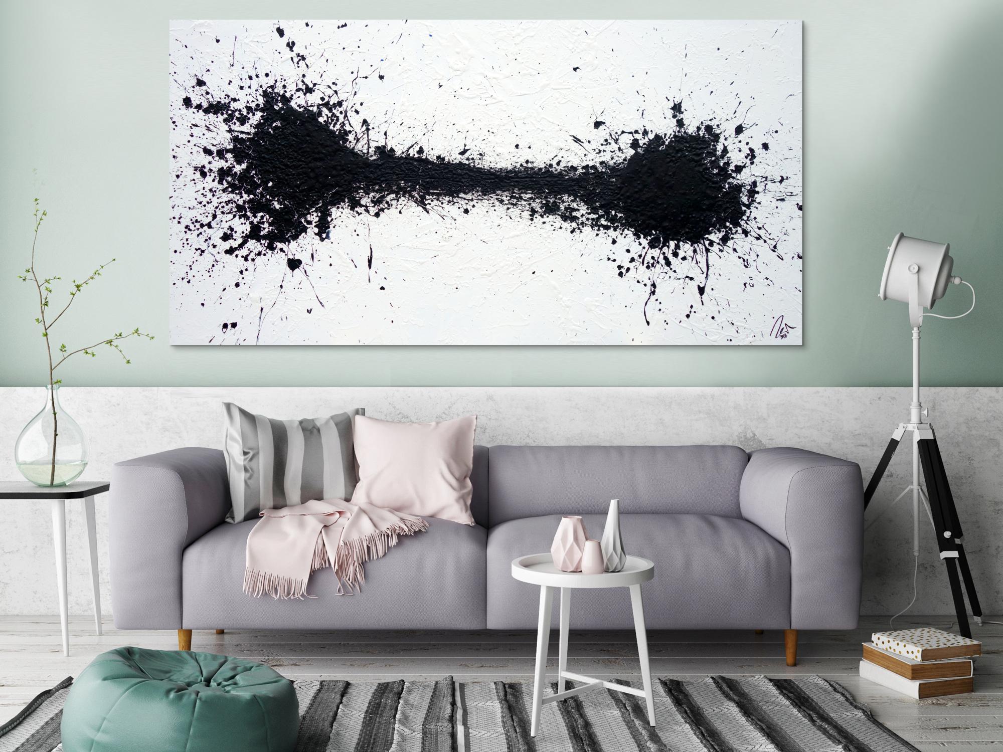 Abstraktes Acrylbild schwarz weiß minimalistisch Action Painting Modern Art