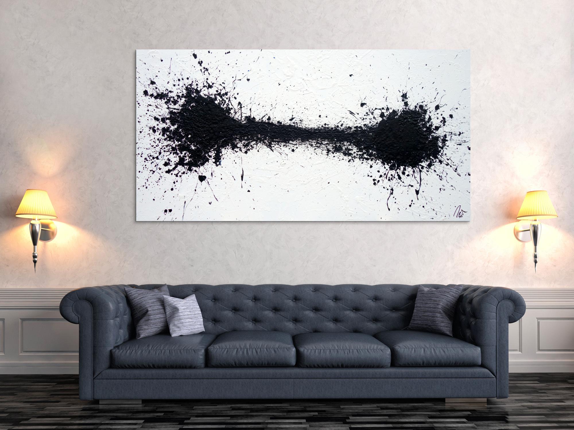 Abstraktes Acrylbild schwarz weiß minimalistisch Action Painting Modern Art