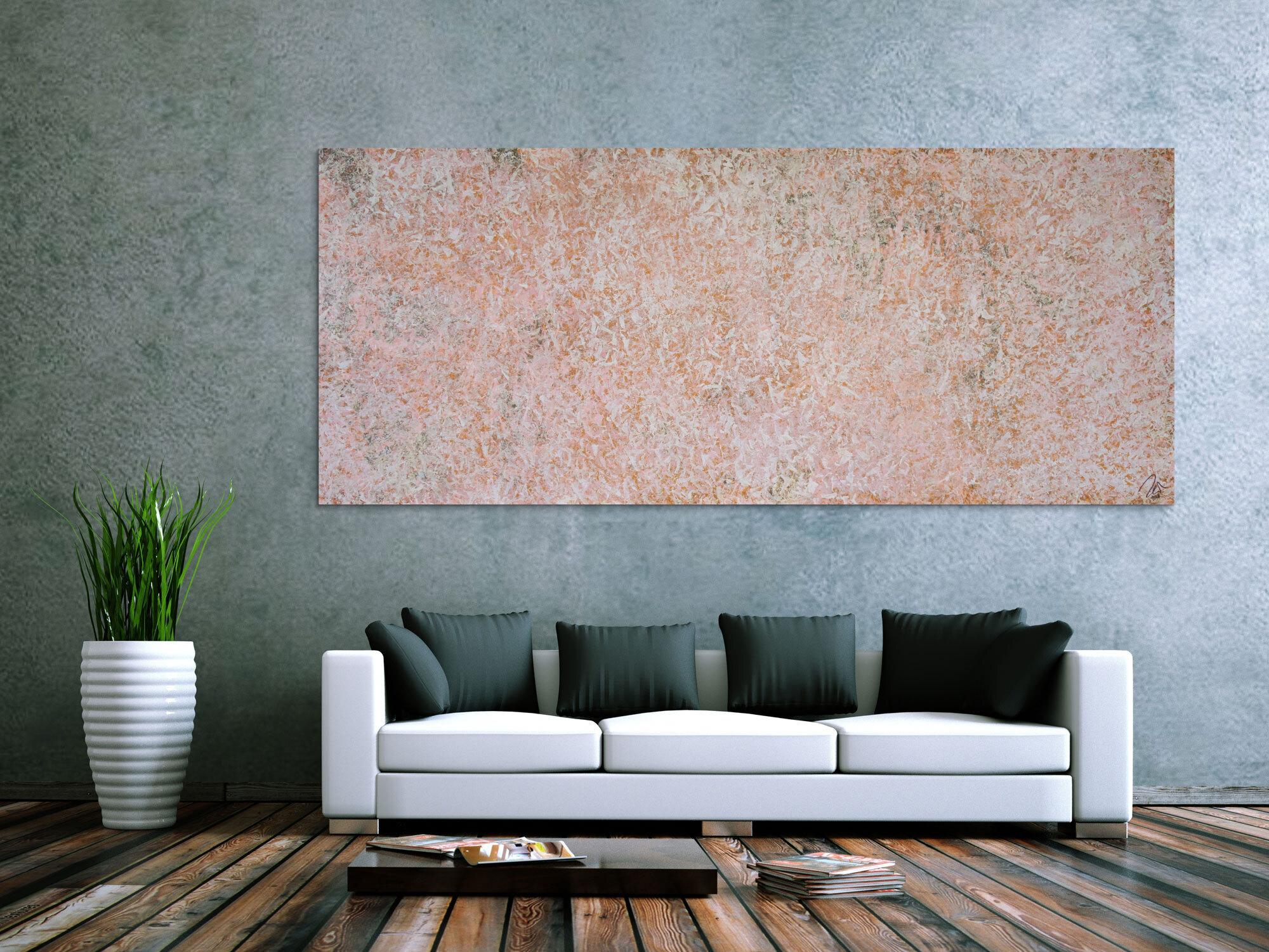 Abstraktes Acrylbild sehr modern schlicht altrosa und weiß auf Rost zeitgenössisch