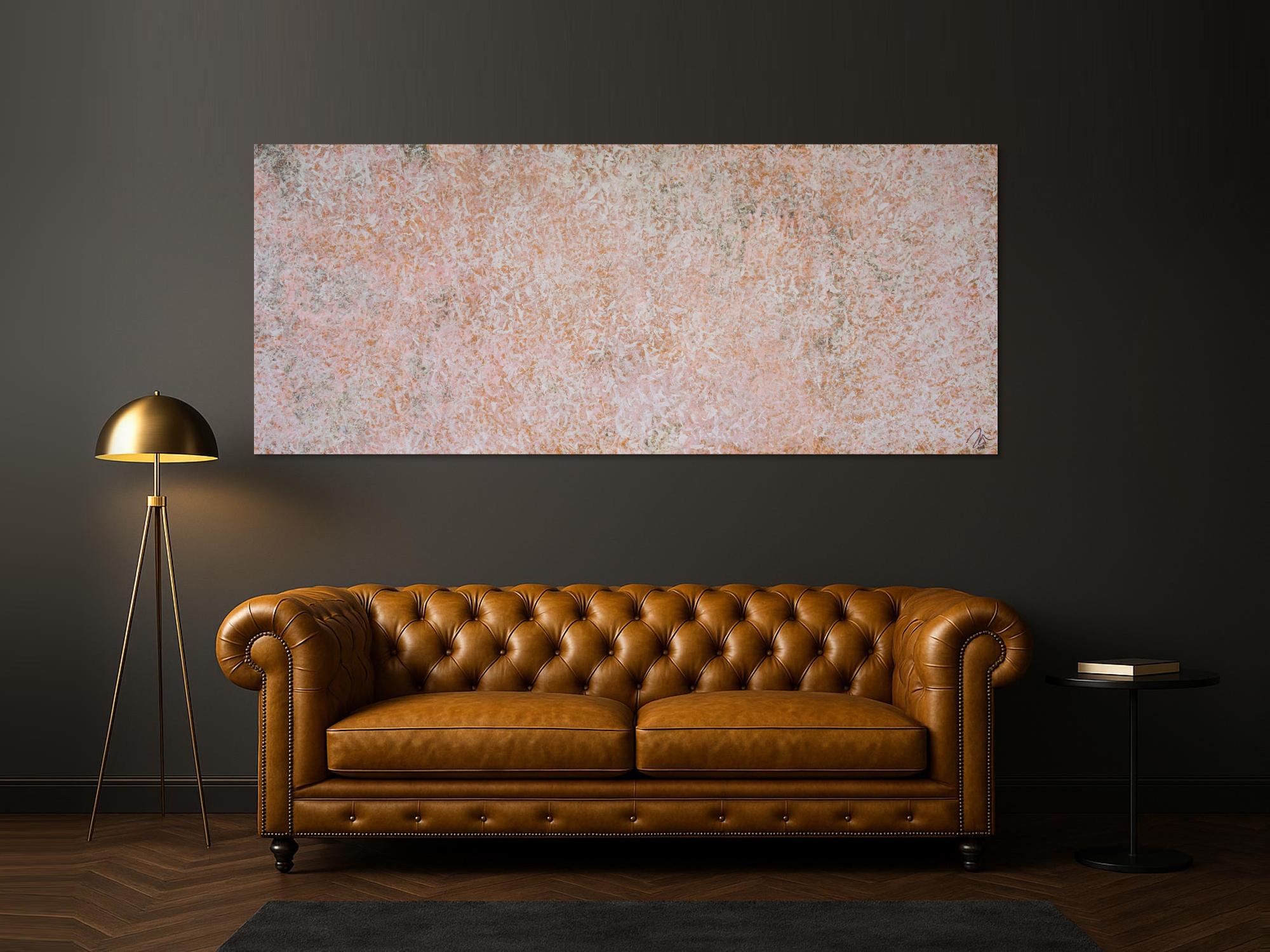 Abstraktes Acrylbild sehr modern schlicht altrosa und weiß auf Rost zeitgenössisch