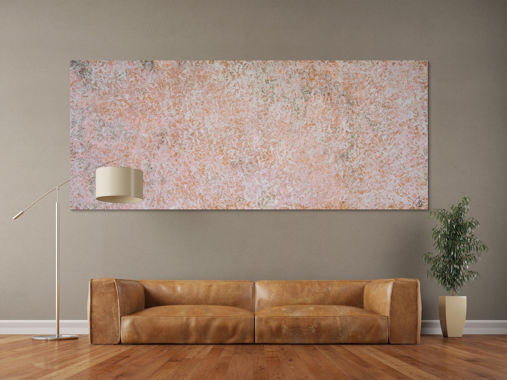 Abstraktes Acrylbild sehr modern schlicht altrosa und weiß auf Rost zeitgenössisch