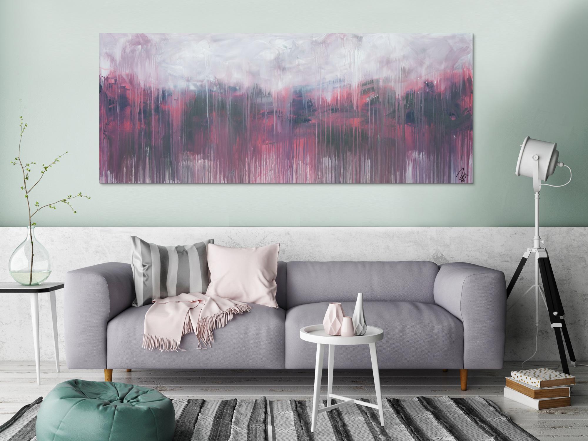 Abstraktes Acrylbild zeitgenössisch rosa taupe grau weiß modern expressionistisch