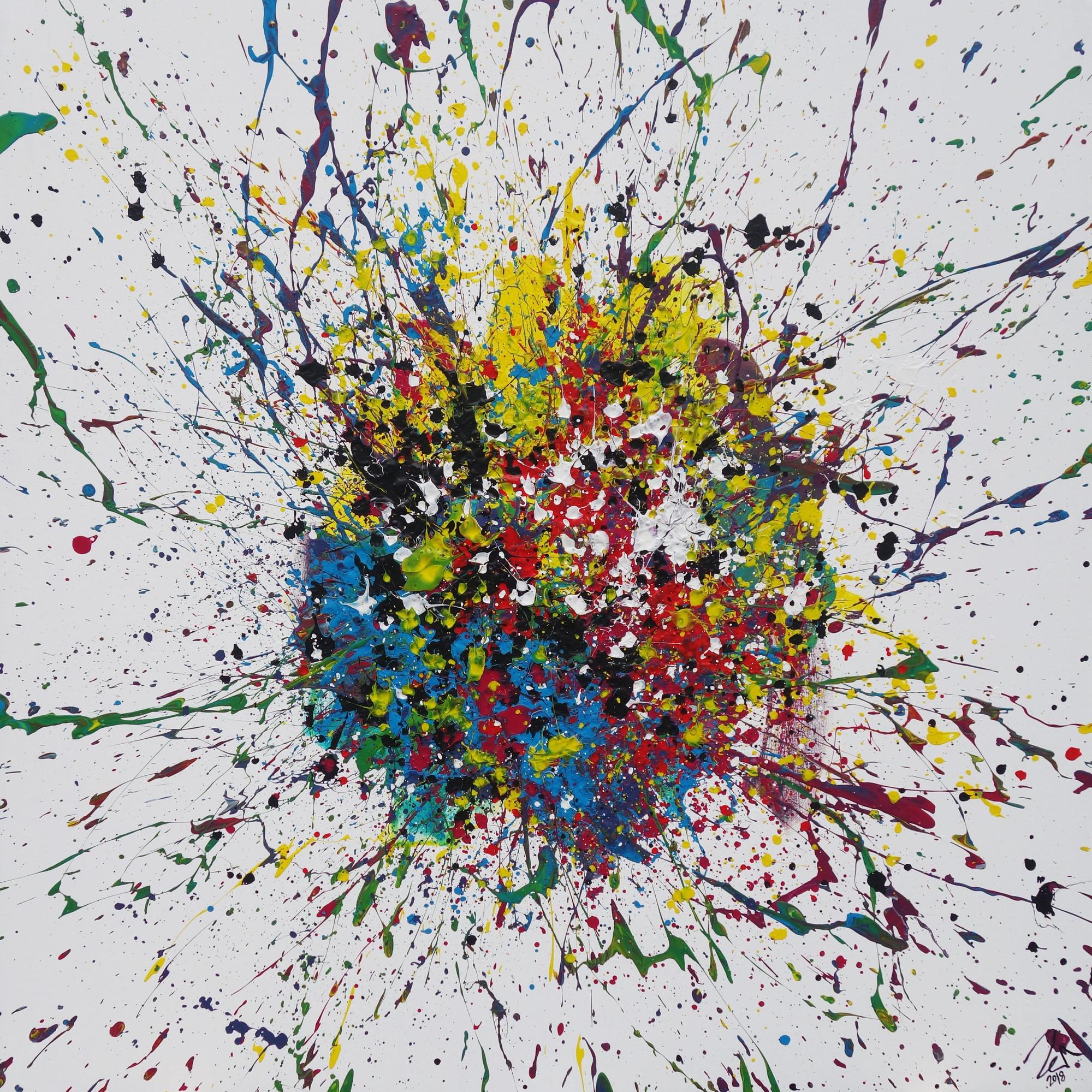 Abstraktes Acrylbild Action Painting sehr bunt Splash Art Modern Art auf weißem Grund