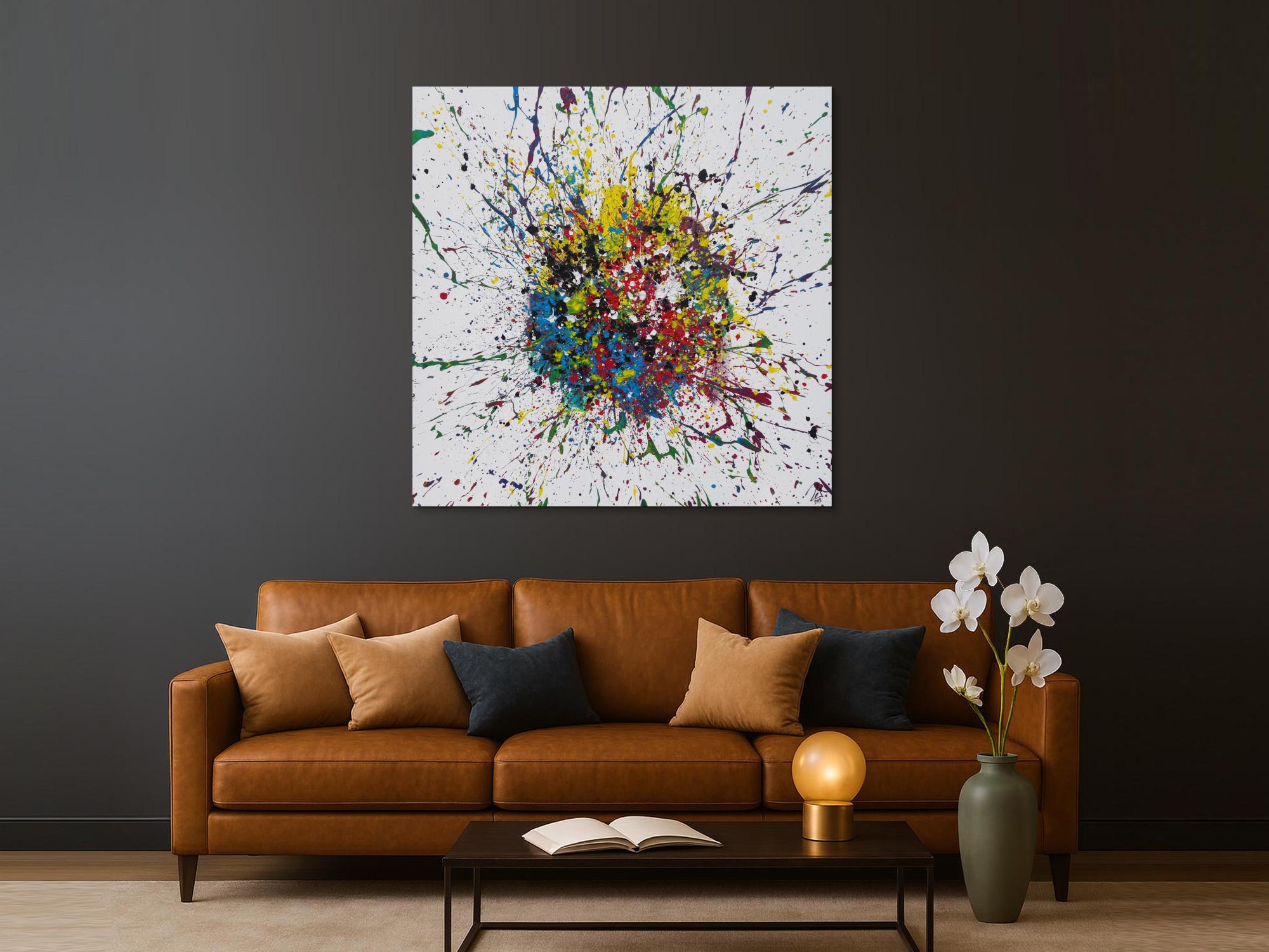 Abstraktes Acrylbild Action Painting sehr bunt Splash Art Modern Art auf weißem Grund