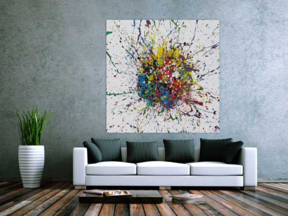 Abstraktes Acrylbild Action Painting sehr bunt Splash Art Modern Art auf weißem Grund