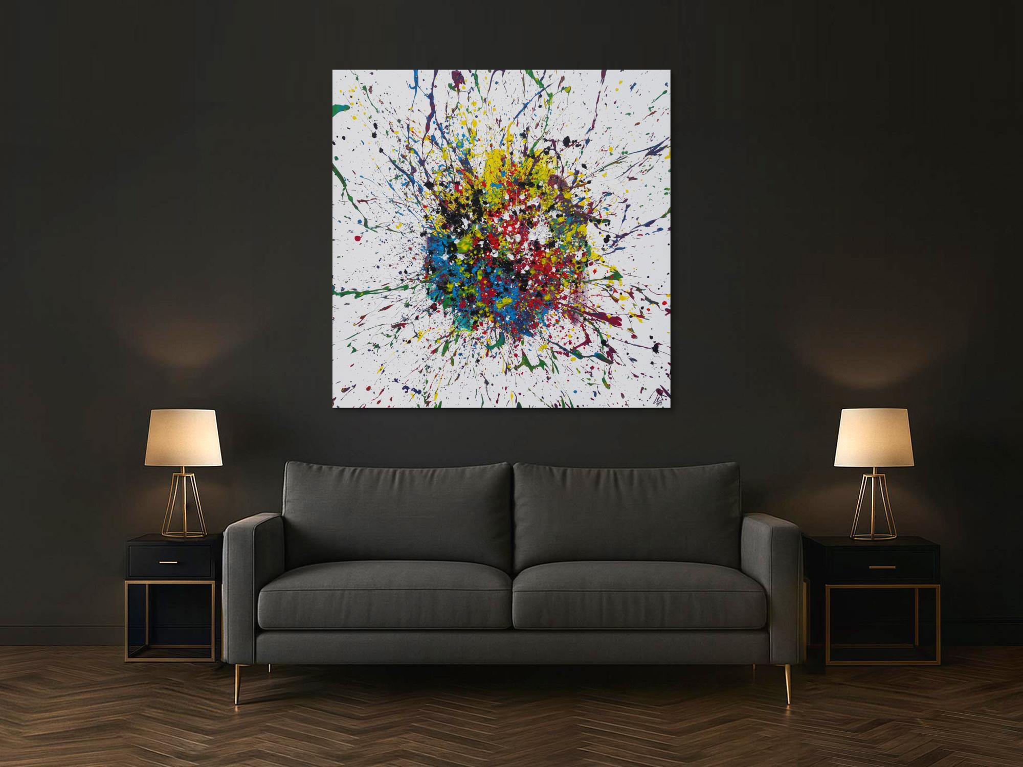 Abstraktes Acrylbild Action Painting sehr bunt Splash Art Modern Art auf weißem Grund