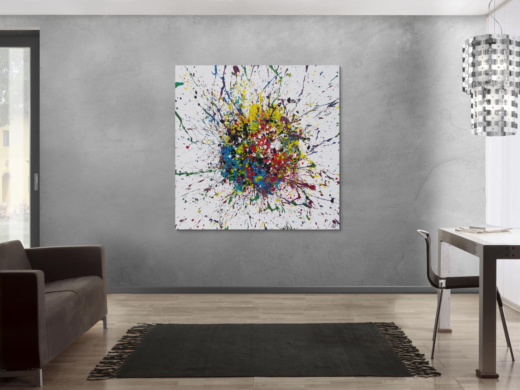 Abstraktes Acrylbild Action Painting sehr bunt Splash Art Modern Art auf weißem Grund