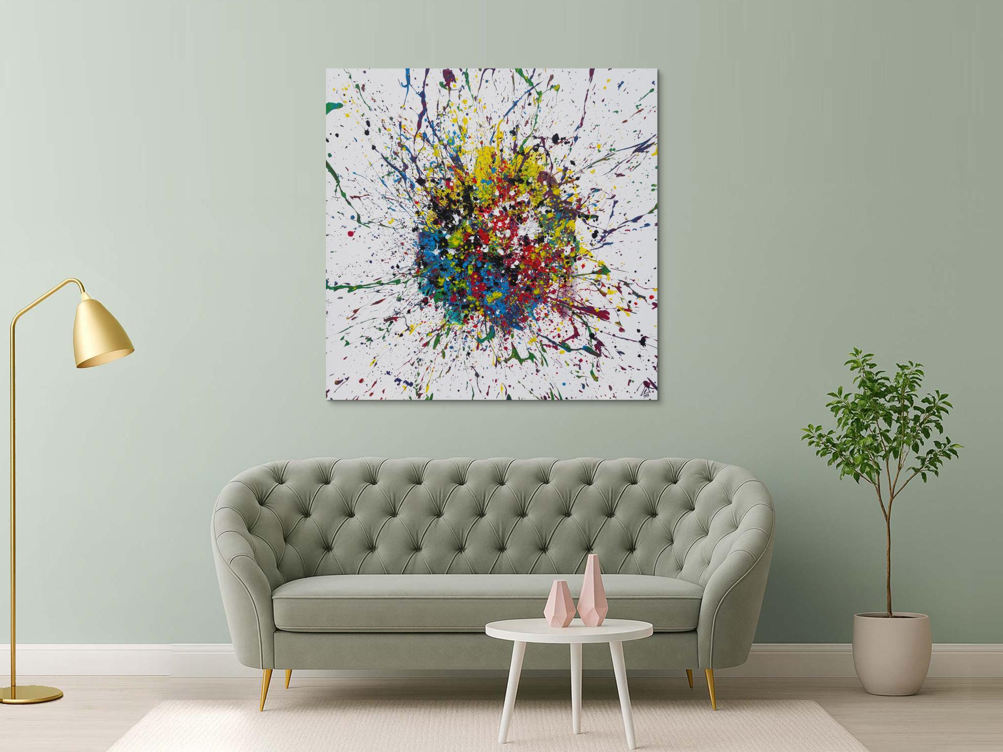 Abstraktes Acrylbild Action Painting sehr bunt Splash Art Modern Art auf weißem Grund