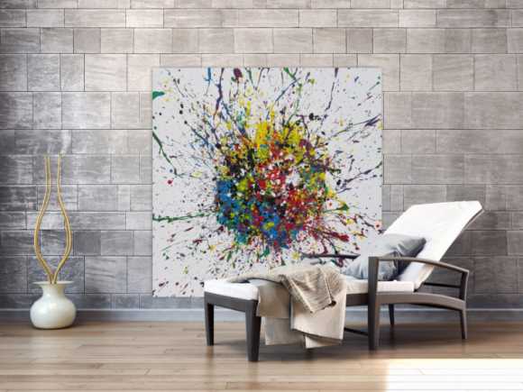 Abstraktes Acrylbild Action Painting sehr bunt Splash Art Modern Art auf weißem Grund