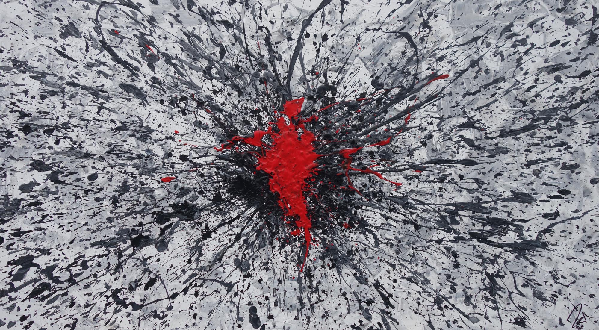 Abstraktes Acrylbild grau weis schwarz rot Action Painting Splash Art zeitgenössisch modern