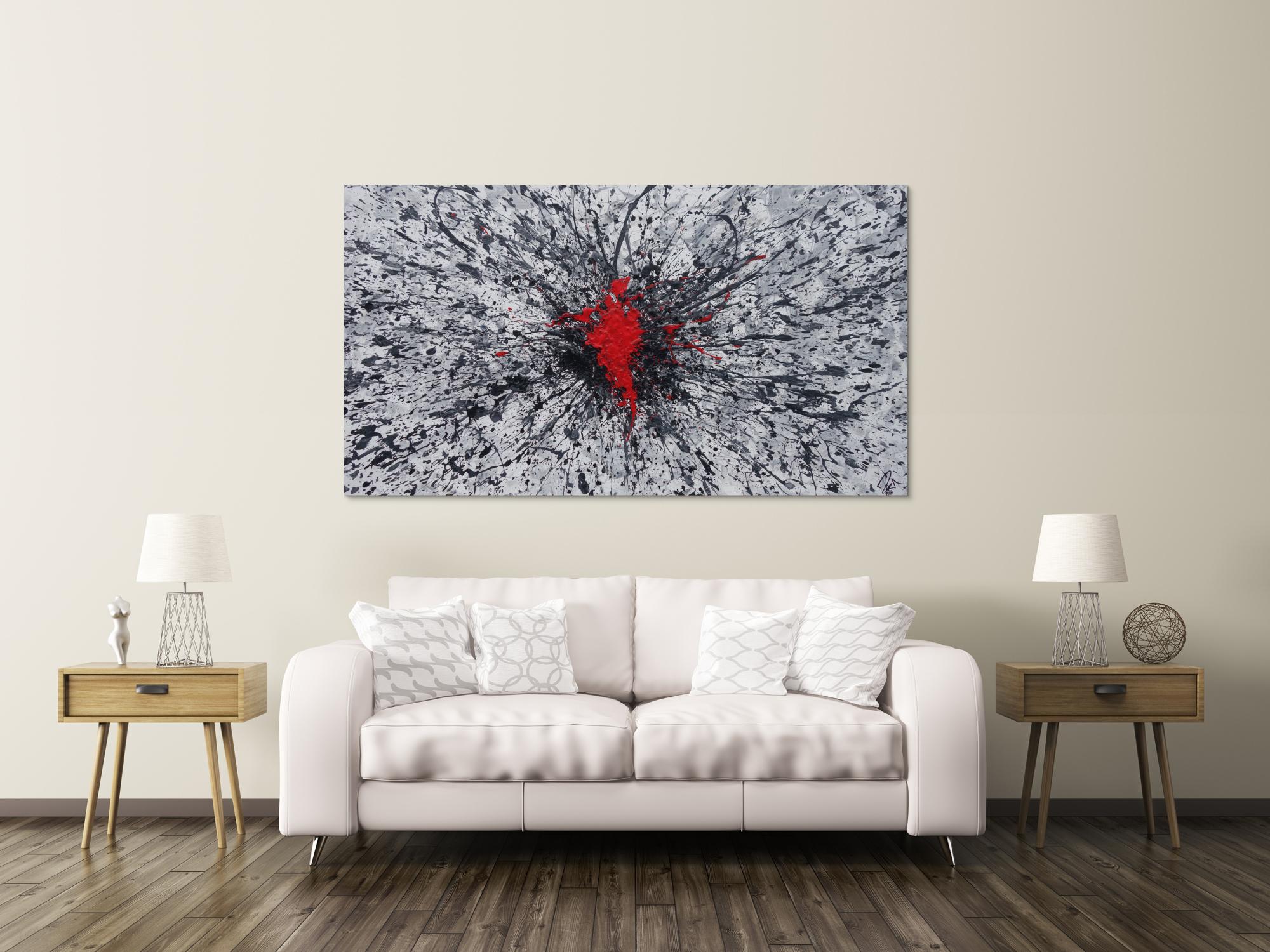 Abstraktes Acrylbild grau weis schwarz rot Action Painting Splash Art zeitgenössisch modern