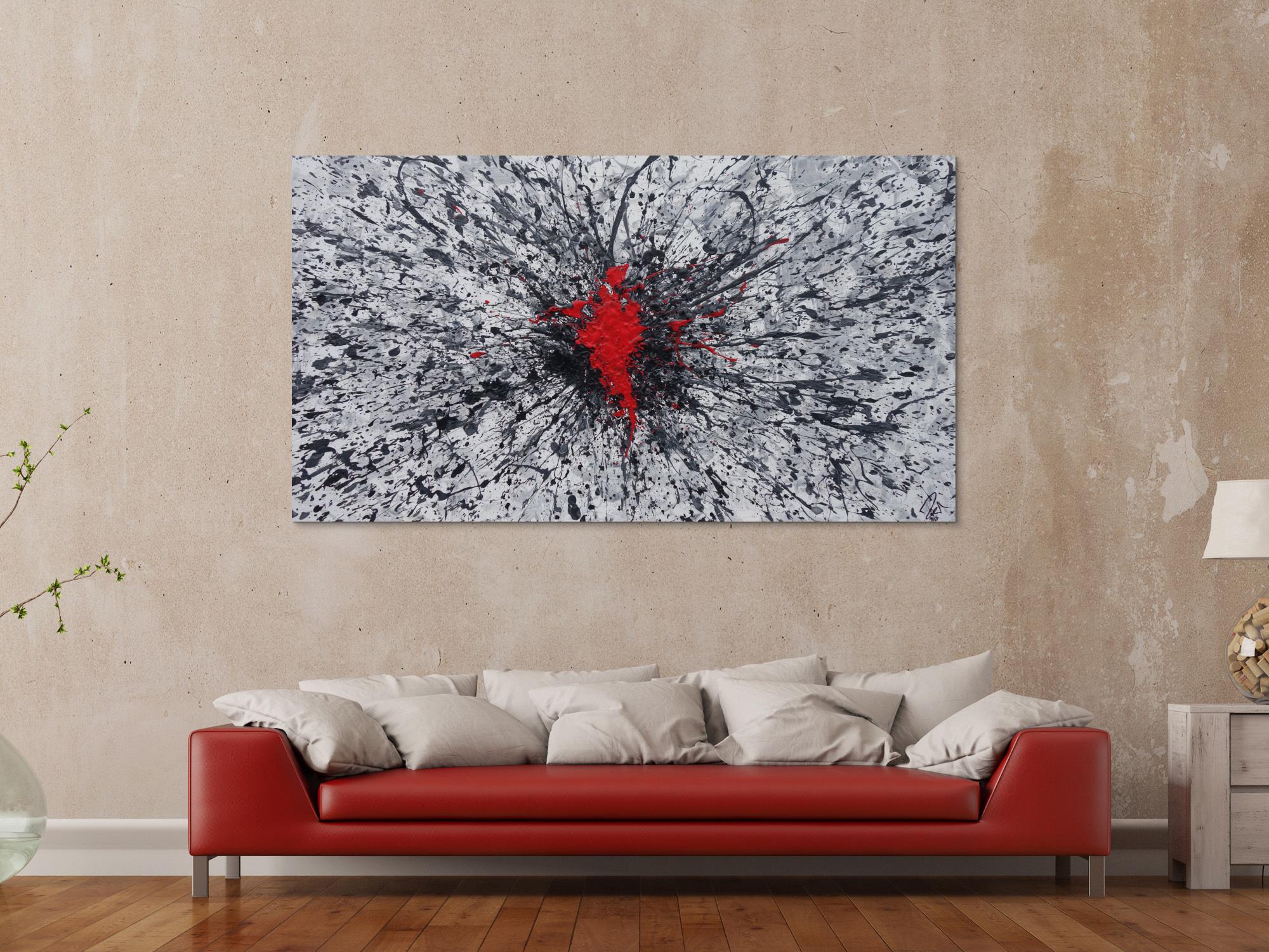 Abstraktes Acrylbild grau weis schwarz rot Action Painting Splash Art zeitgenössisch modern