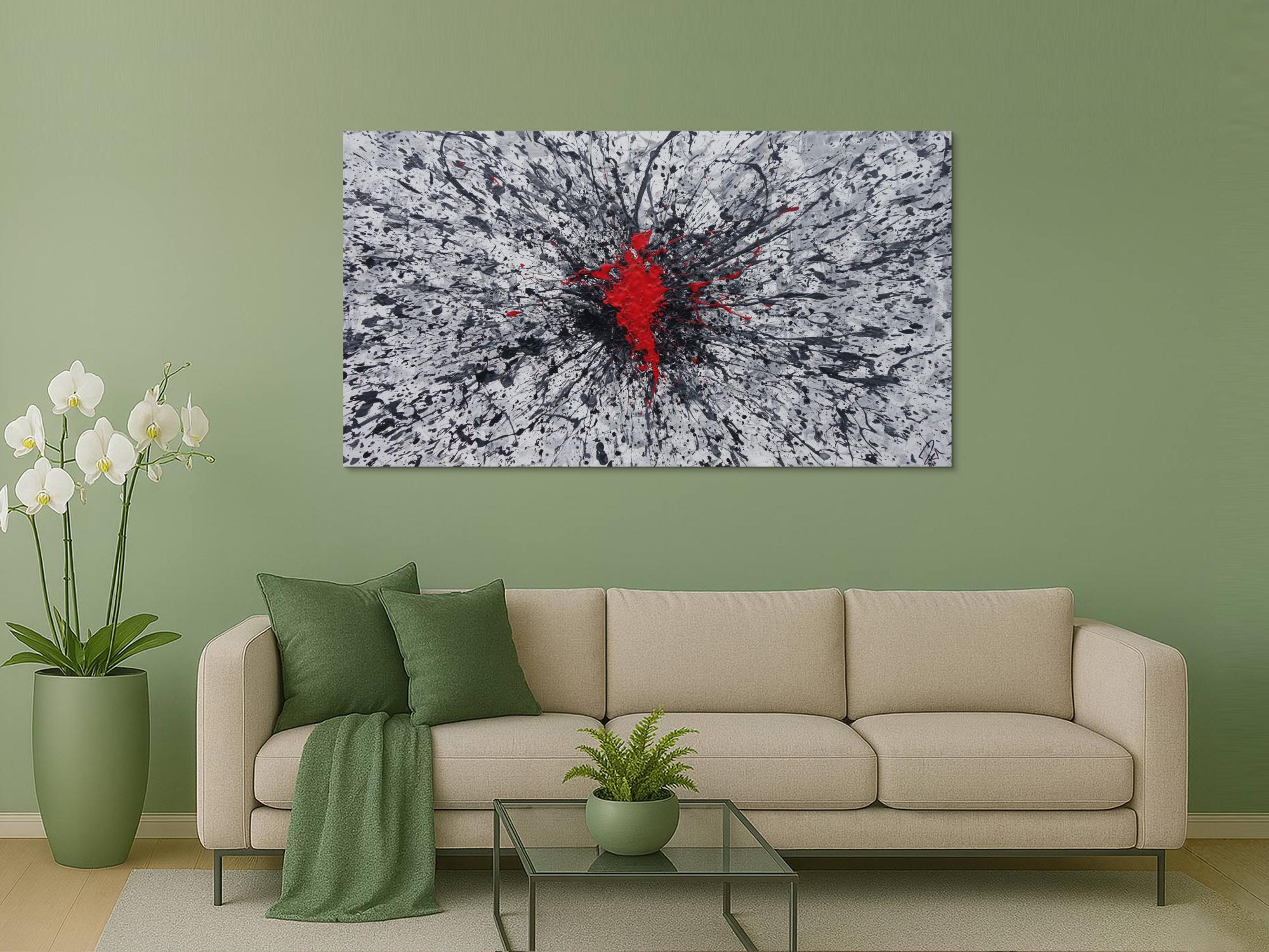 Abstraktes Acrylbild grau weis schwarz rot Action Painting Splash Art zeitgenössisch modern