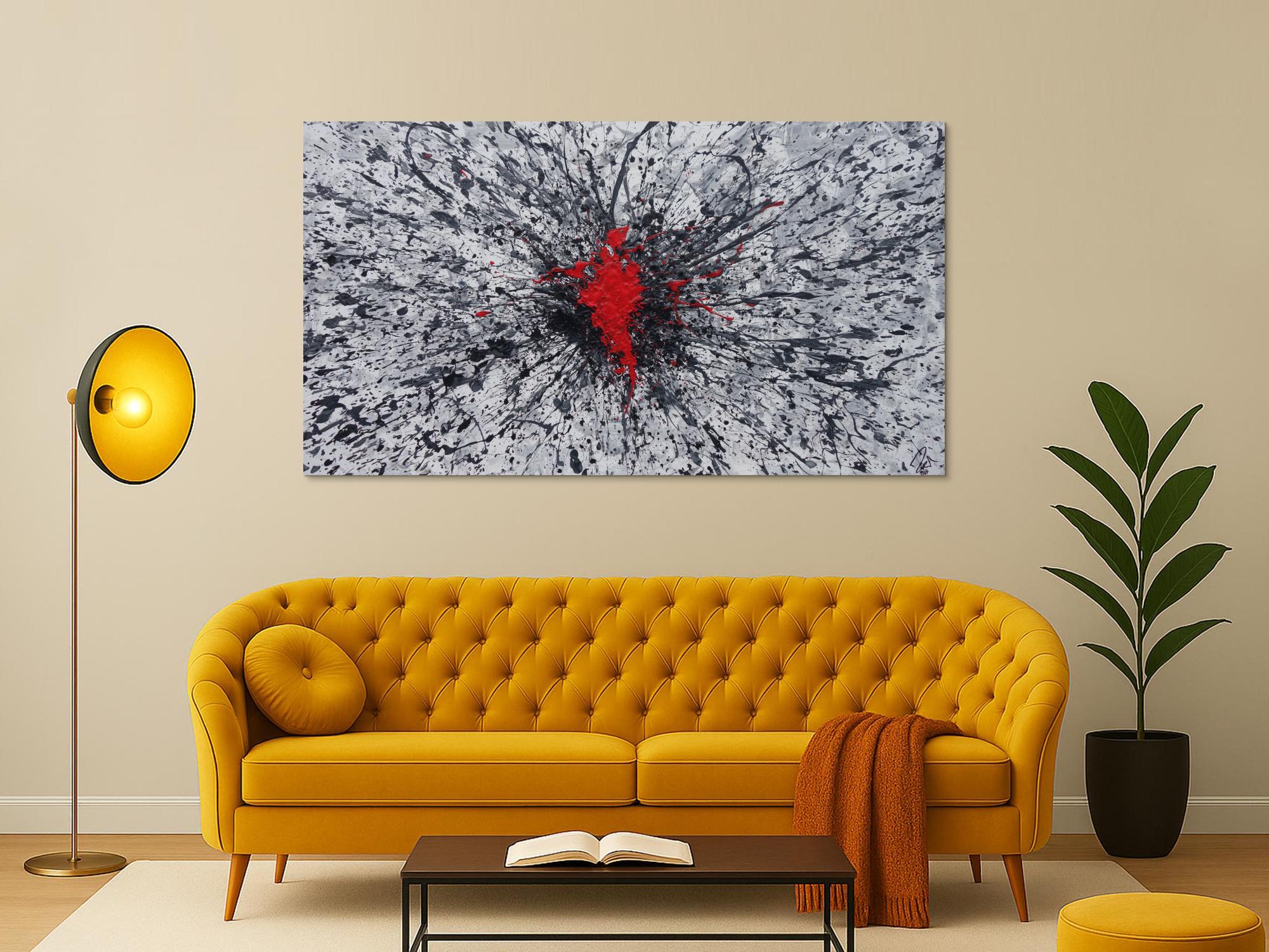 Abstraktes Acrylbild grau weis schwarz rot Action Painting Splash Art zeitgenössisch modern
