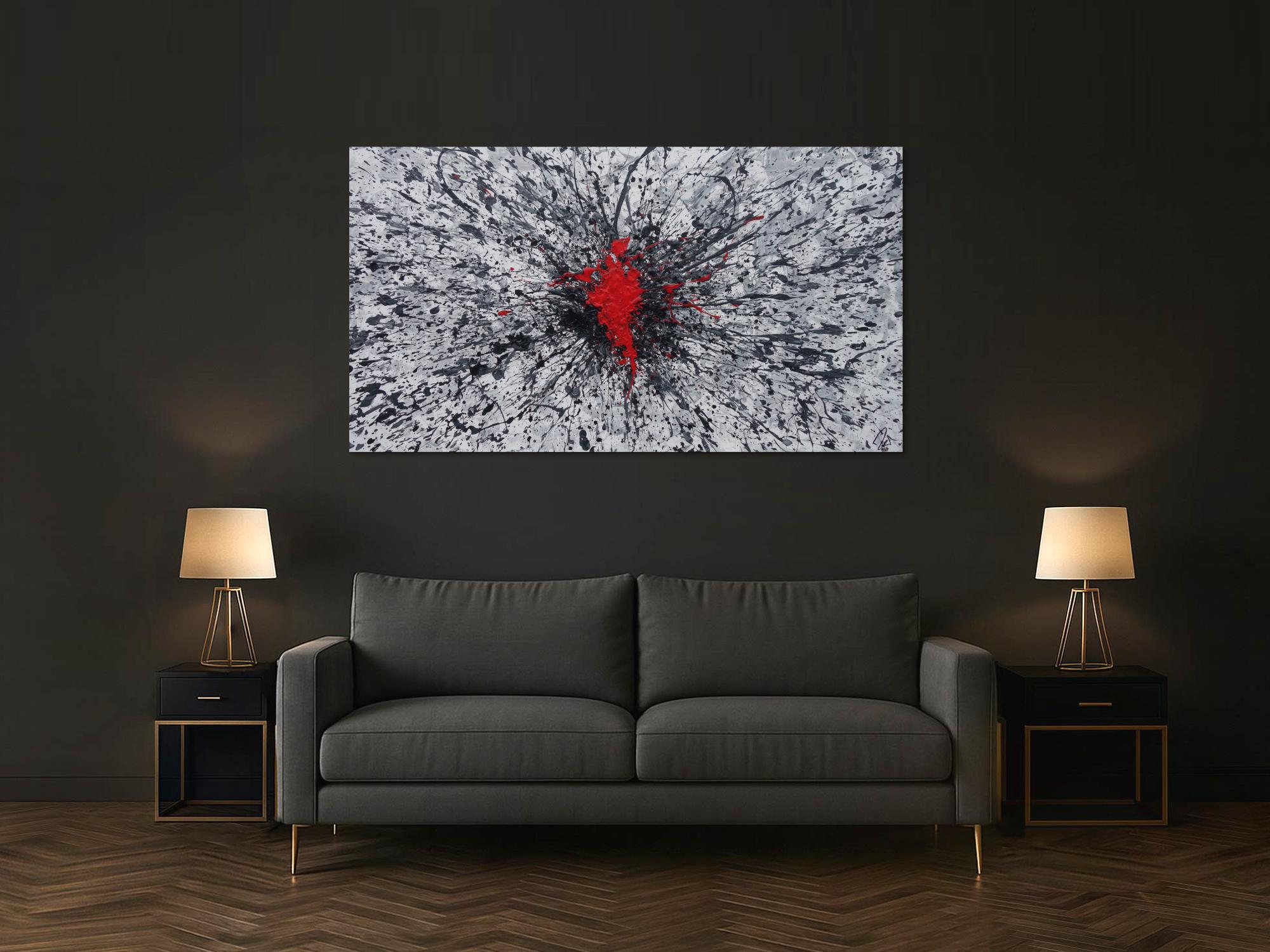 Abstraktes Acrylbild grau weis schwarz rot Action Painting Splash Art zeitgenössisch modern